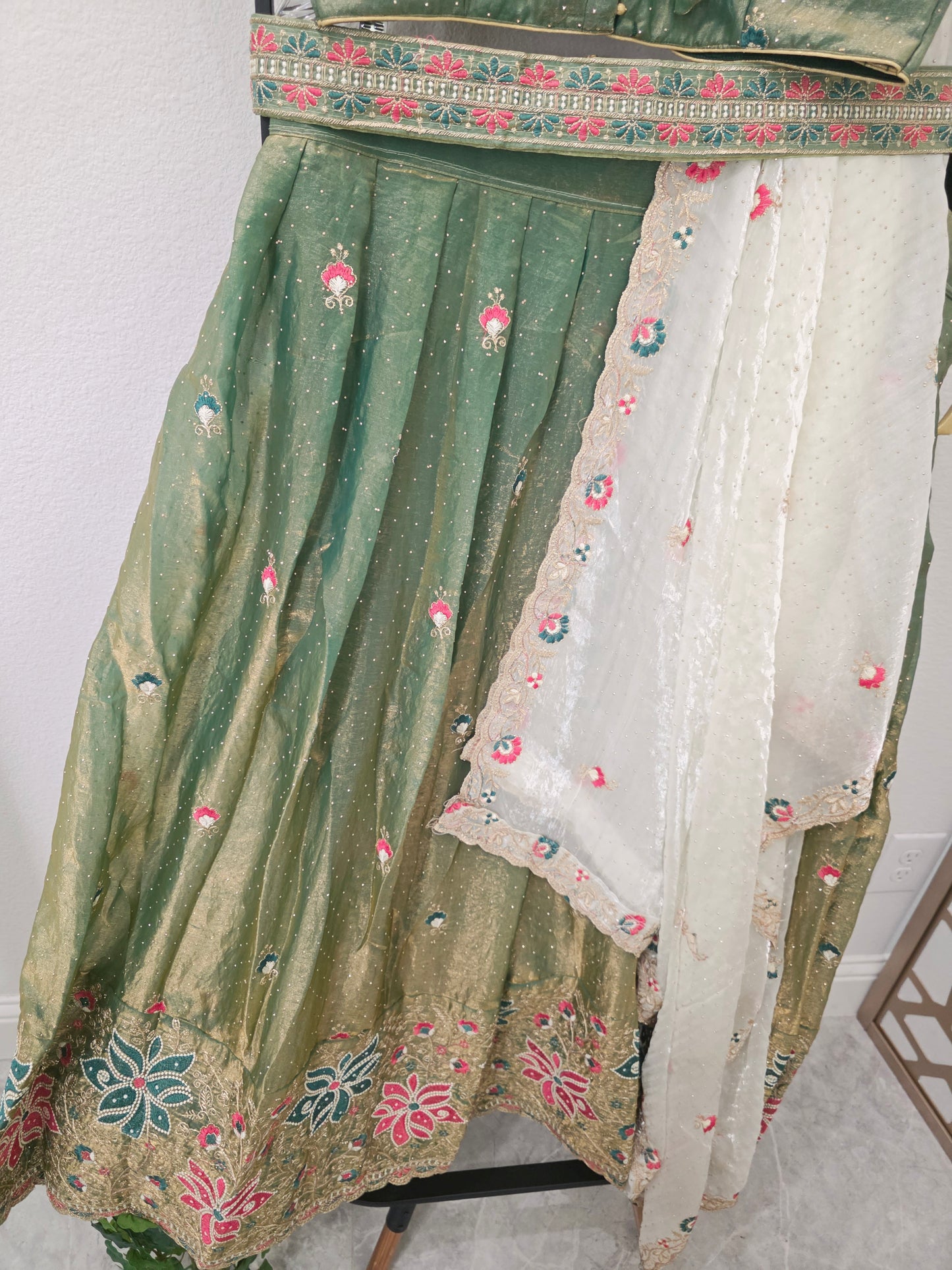 Sage Green Space Silk Floral Lehenga Half Saree | Blouse 38-44