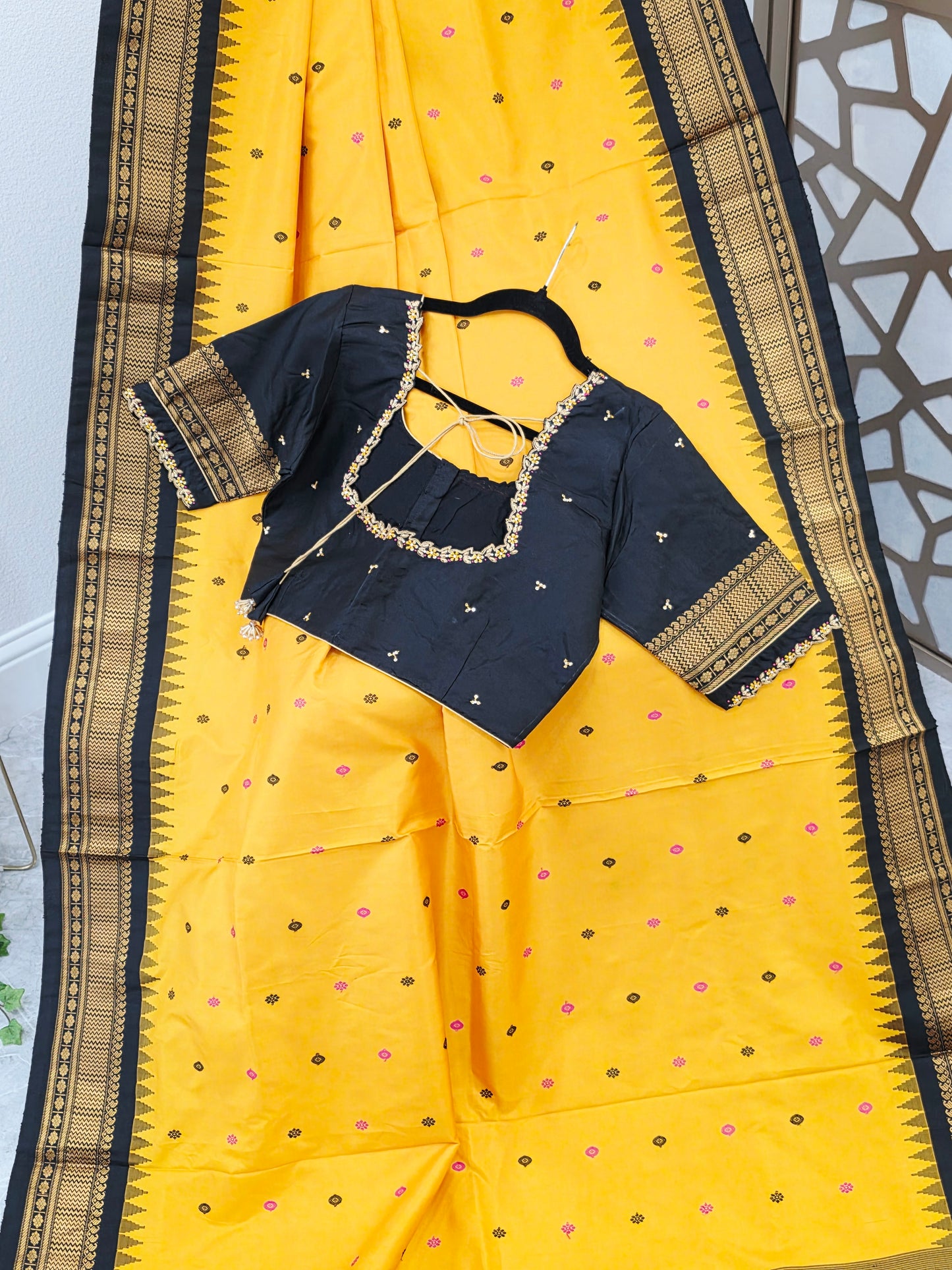 Marigold Yellow & Jet Black Pure Gadwal Handloom Silk Saree with Gold-Toned Borders & Stitched Maggam Blouse Size 40, Extendable to 46