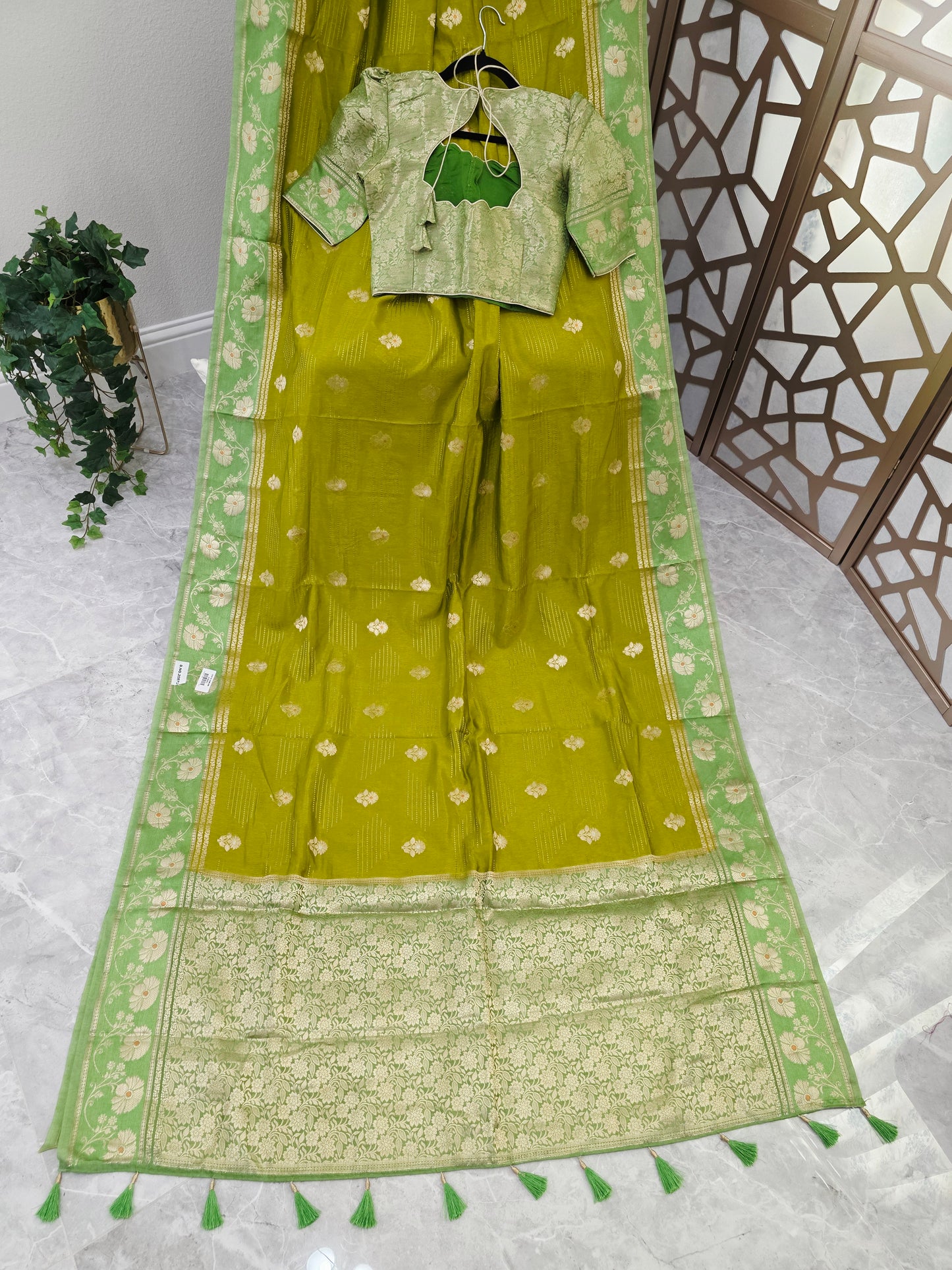 Golden Olive Green Soft Benarasi Silk Saree with Pistachio Floral Borders & Stitched Brocade Blouse Size 34, Extendable to 40