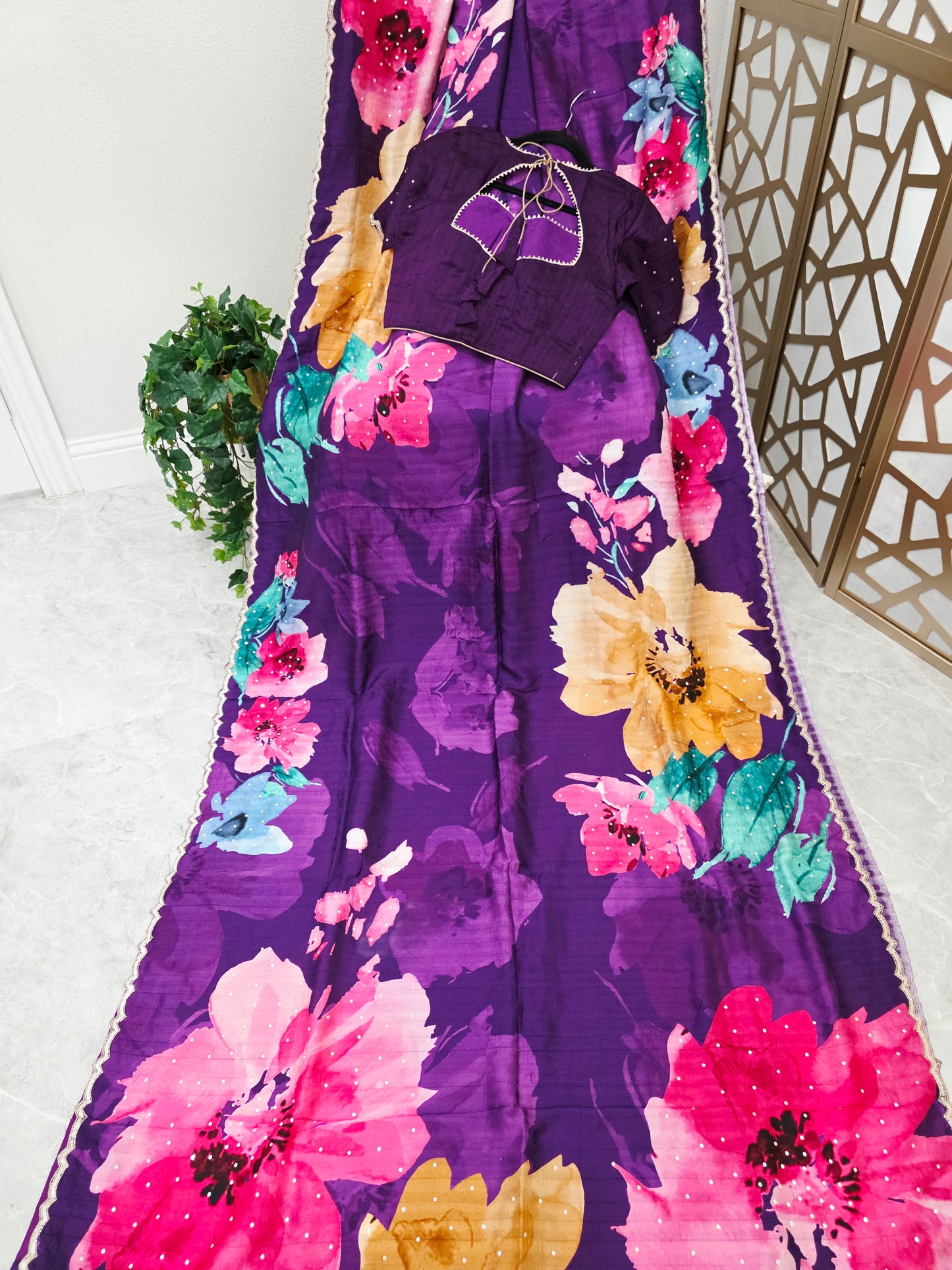 Amethyst Purple Floral Russian Crepe Silk Saree with Scalloped Sequin Border & Matching Stitched Blouse Size 34, Extendable to 40