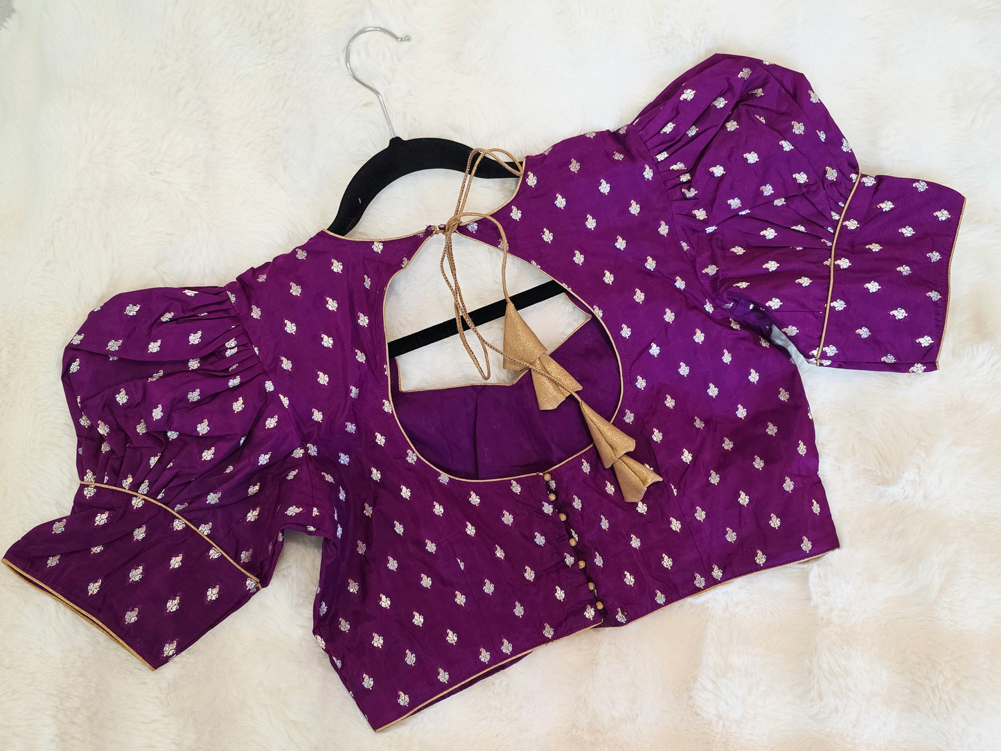 Royal Amethyst Purple Benarasi Puff Sleeve Stitched Blouse Size 38 Extends to 44