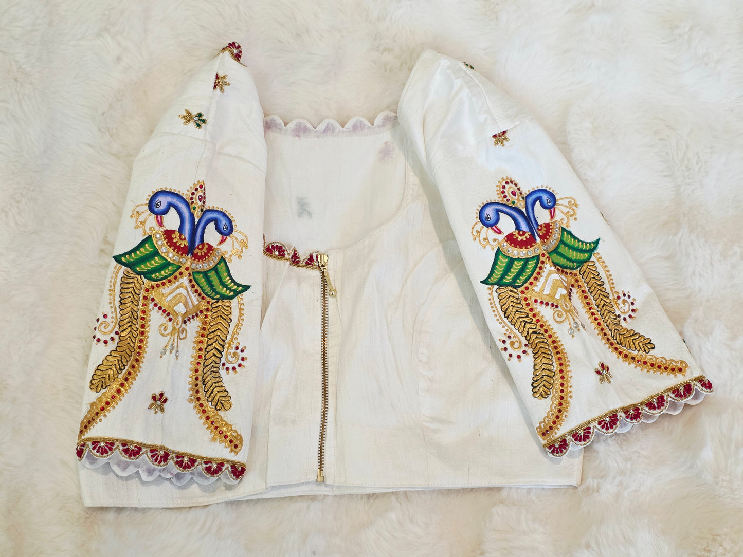 Ivory Pearl Pure Raw Silk Tanjore Peacock Maggam Work Blouse Size 38 Extends to 44
