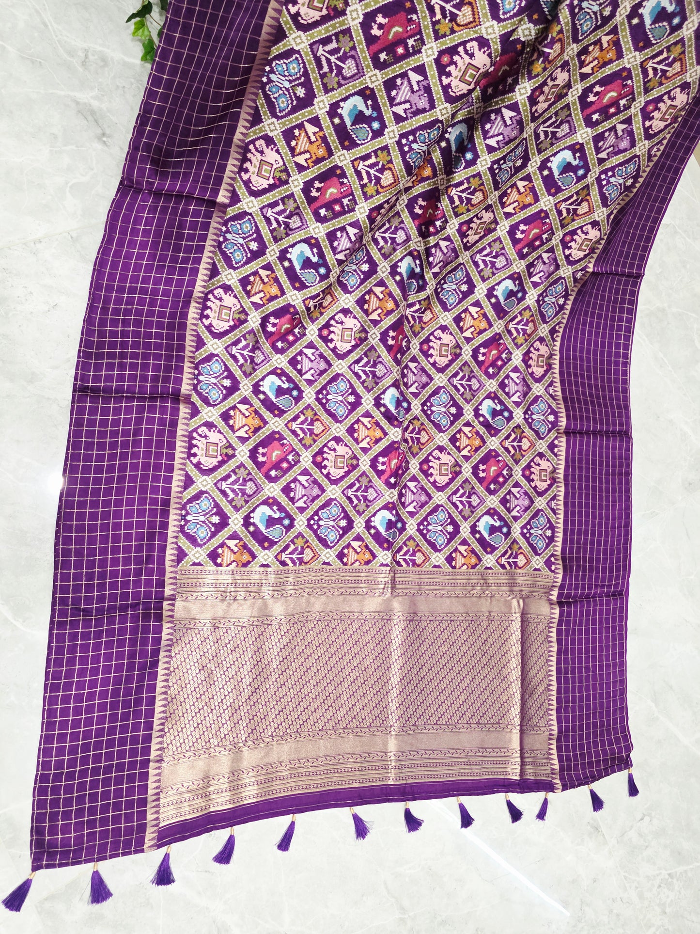 Royal Purple Benarasi Crepe Silk Patola Designer Saree with Gold Check Borders & Matching Stitched Blouse Size 42, Extendable to 48