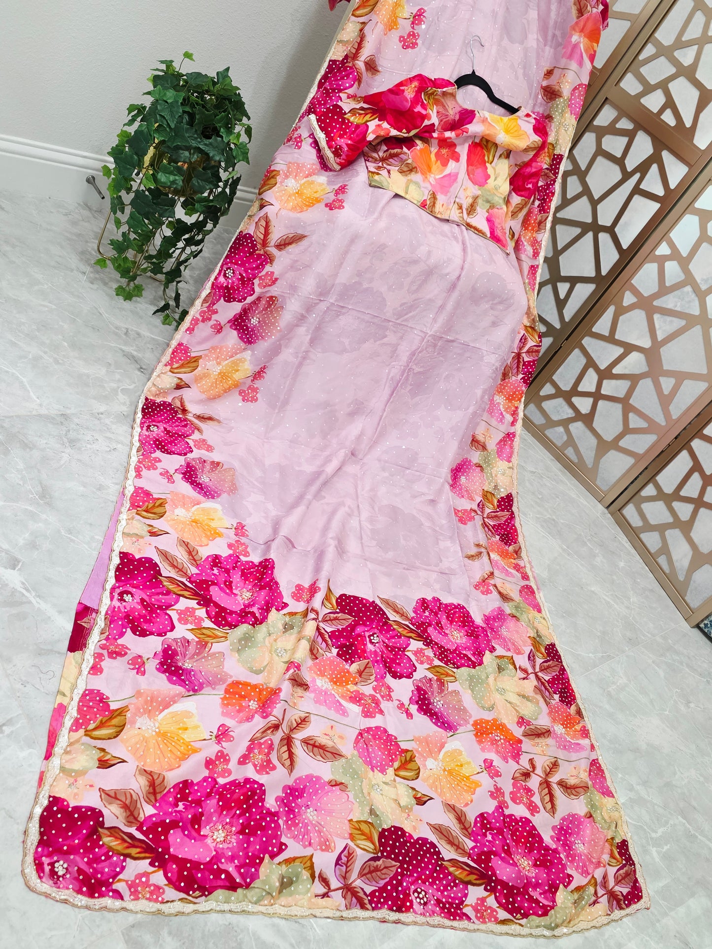 Blush Pink & Fuchsia Floral Russian Crepe Silk Saree with Scalloped Sequin Border & Matching Stitched Blouse — Size 42, Extendable to 48