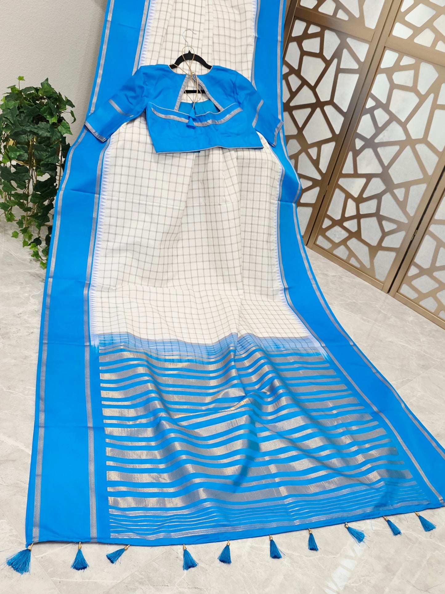 Ivory & Azure Blue Madrasi Checks Semi Kanchi Soft Silk Saree with Light Gold Zari Pallu & Stitched Blouse — Size 40, Extendable to 46