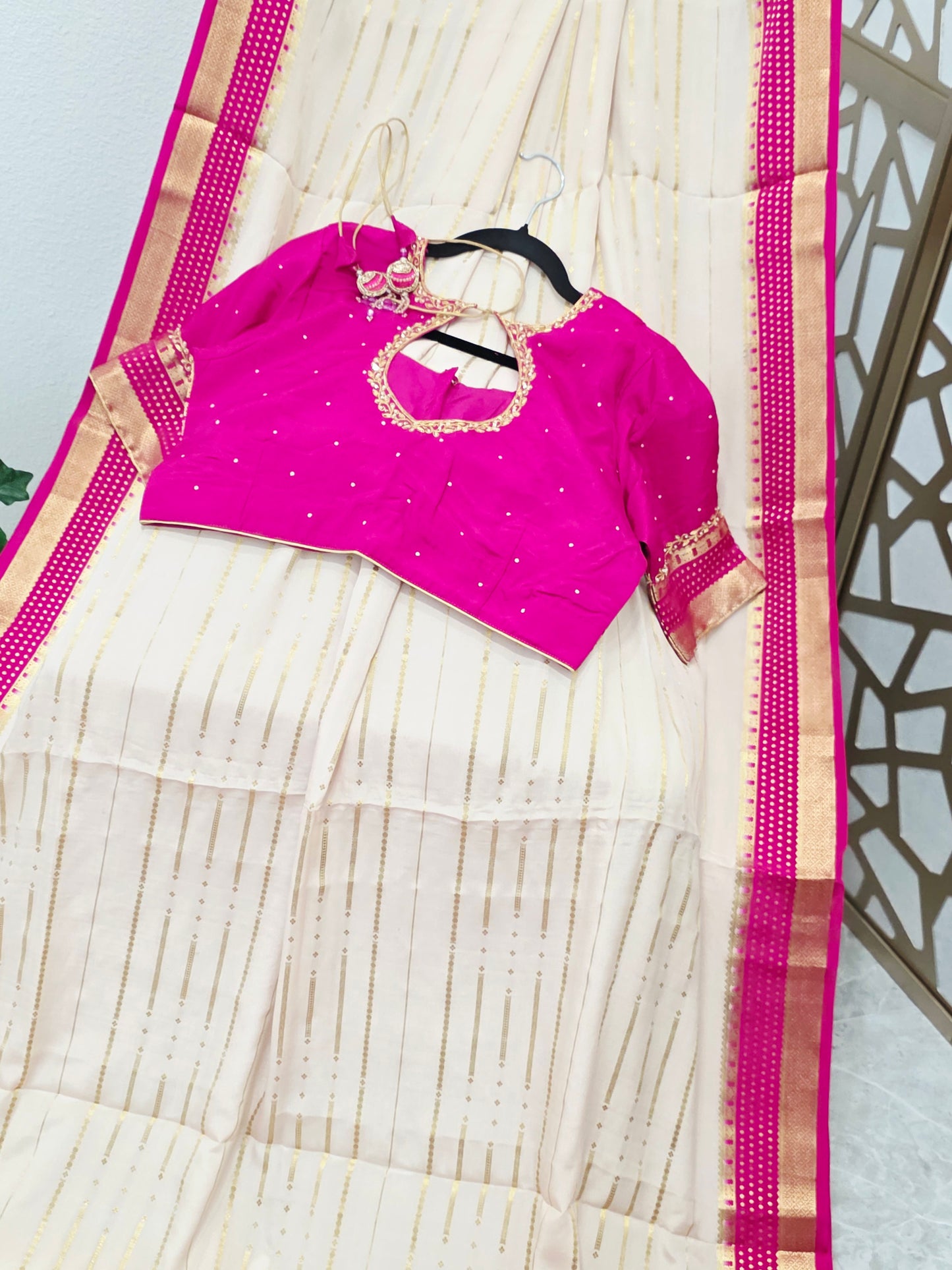 Ivory, Rani Pink & Gold Pure Mysore Crepe Silk Saree, 120 GSM, with Elegant Stripes & Stitched Maggam Blouse — Size 40, Extendable to 46