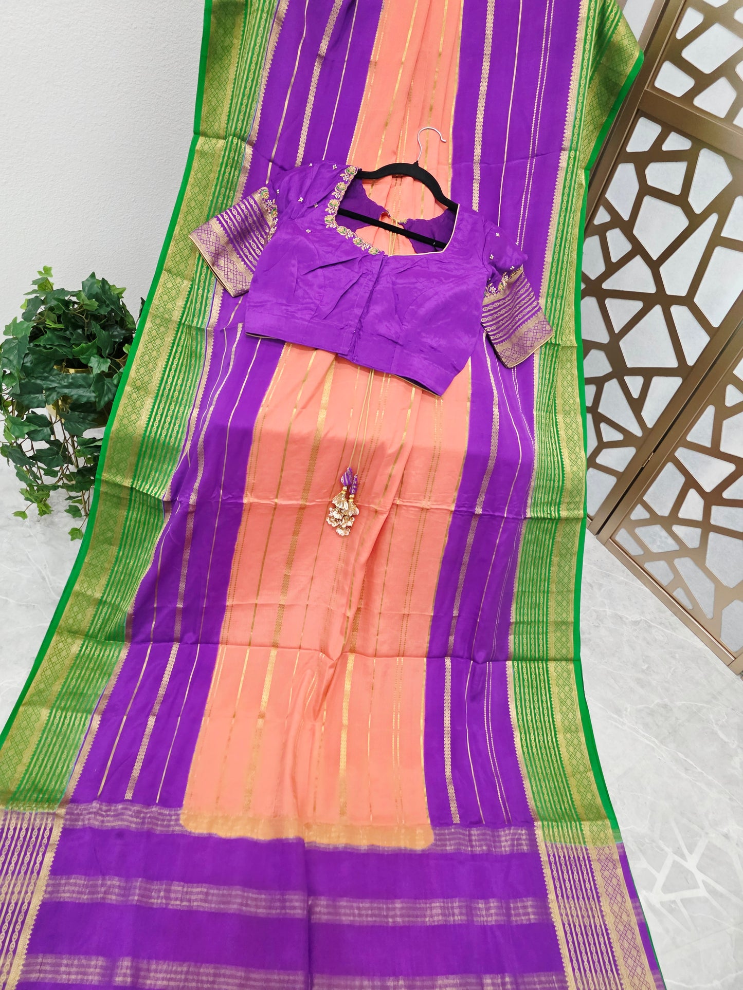 Peach Pink, Royal Violet Purple & Emerald Green Pure Mysore Crepe Silk Saree, 120 GSM, with Gold Stripes & Stitched Maggam Blouse — Size 34, Extendable to 40