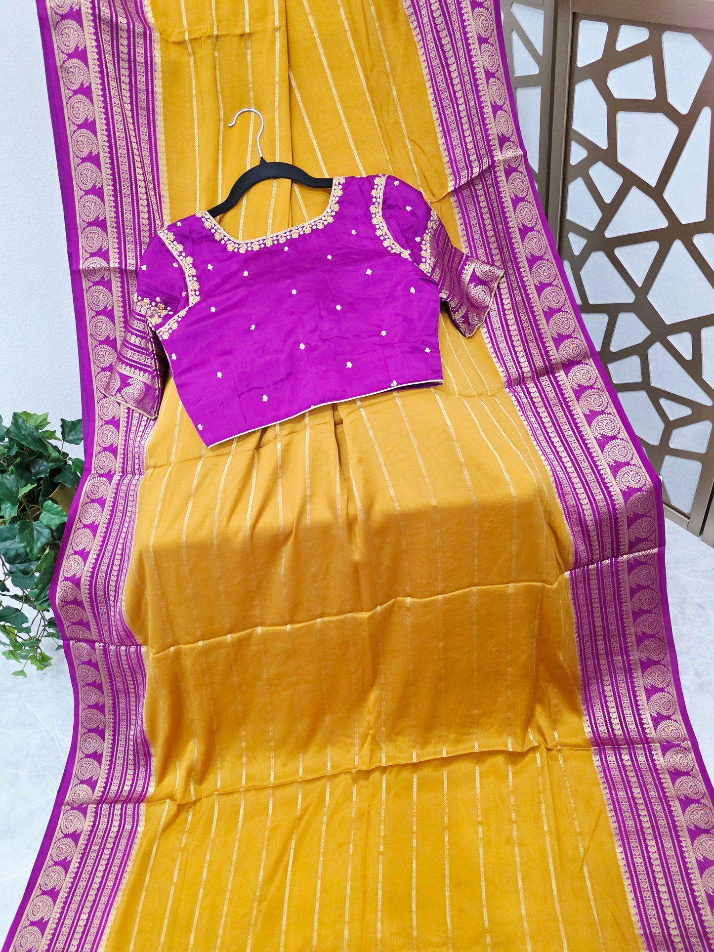 Mustard Yellow & Orchid Purple Pure Mysore Crepe Silk Saree, 140 GSM, with Gold Paisley Borders & Stitched Maggam Blouse — Size 34, Extendable to 40