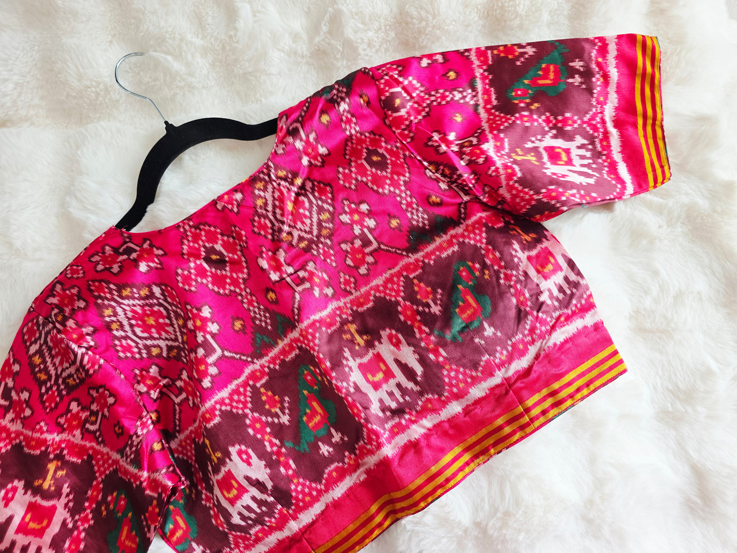 Royal Rani Pink Patola Silk Designer Stitched Blouse with Multicolor Ikat Motifs & Elbow Sleeves | Size 40, Extendable to 46