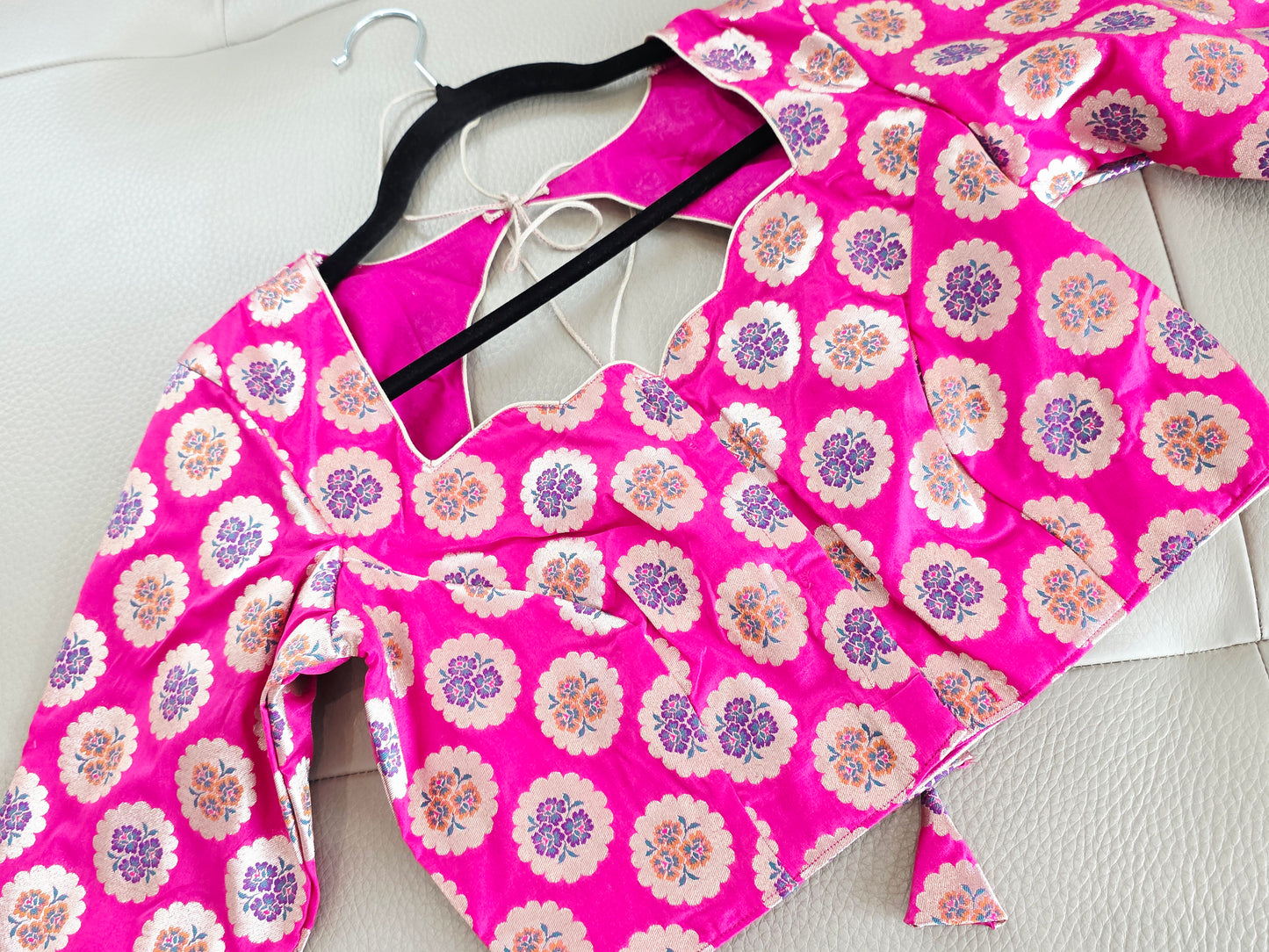 Royal Fuchsia Pink Benarasi Silk Floral Butta Designer Stitched Blouse with 3/4 Sleeves | Size 36, Extendable to 42