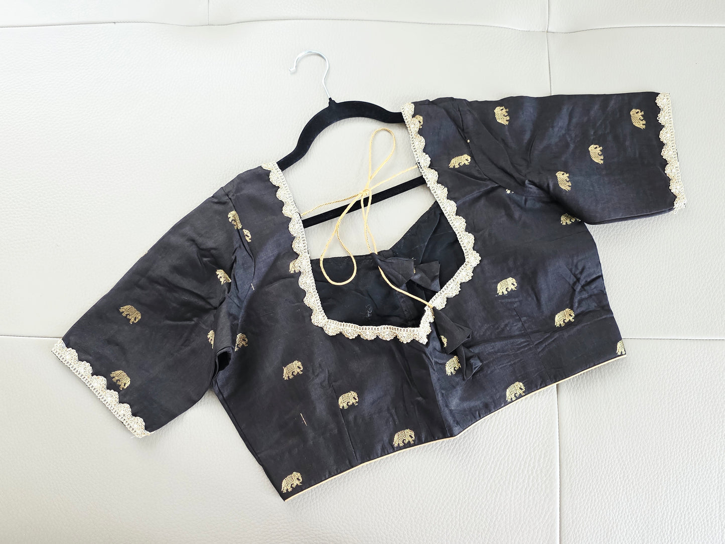 Midnight Charcoal Black Dola Silk Cotton Blouse with Gold Elephant Buttas & Gold Lace | Size 42, Extendable to 48