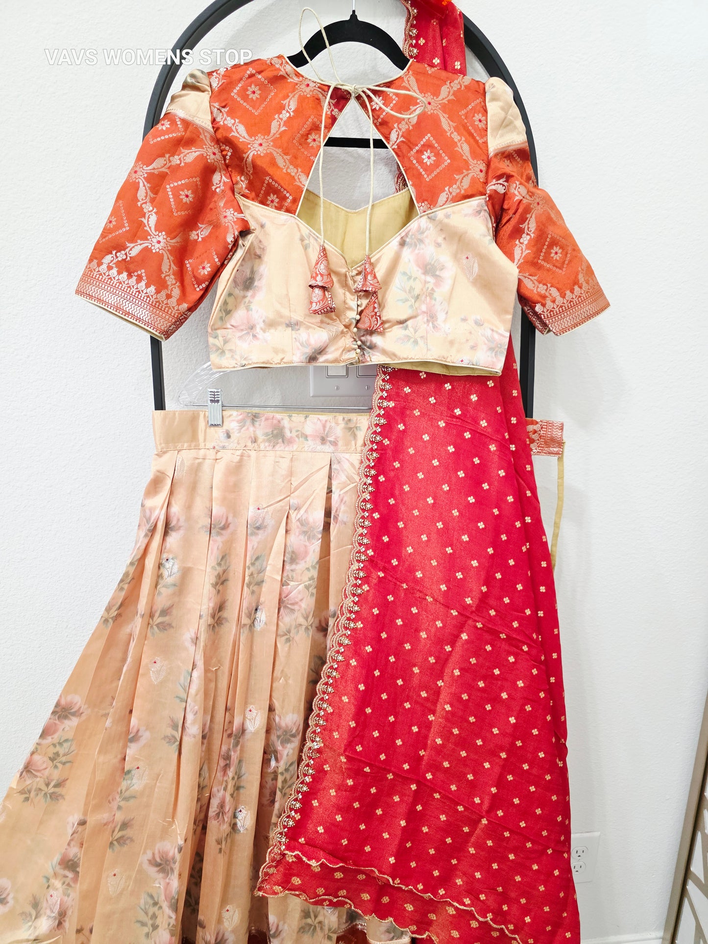 Champagne Golden Yellow & Burnt Rust Orange Floral Blended Benarasi Silk Lehenga Set with Light Gold Zari Brocade Border, Rust Red Tissue Scalloped Embroidered Dupatta & Stitched Designer Blouse | Size 38β44