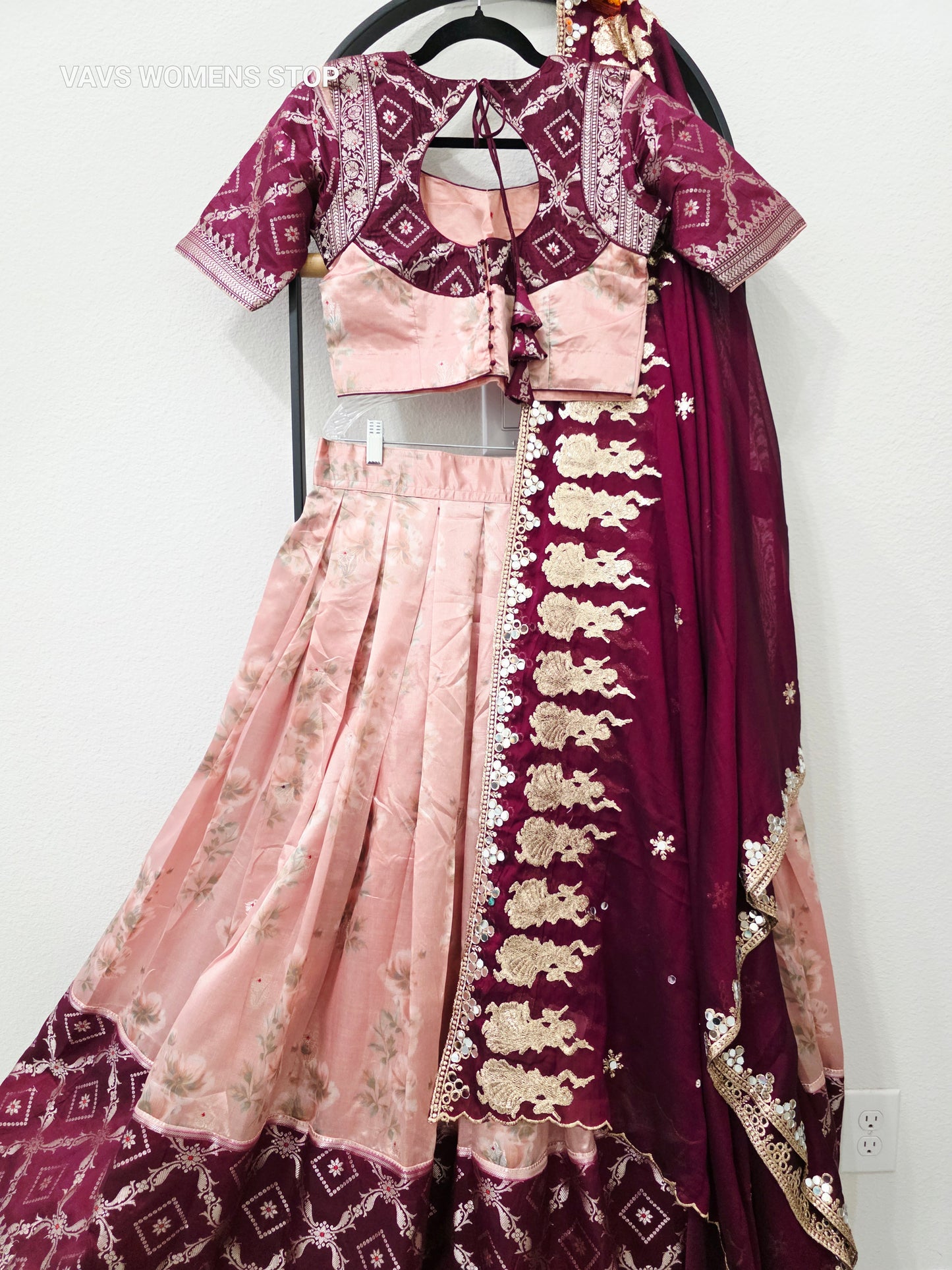 Luxury Blush Peach Pink & Royal Wine Burgundy Floral Print Blended Benarasi Silk Lehenga Set with Silver Zari Brocade Border, Dancing Girls Embroidered Chiffon Dupatta & Stitched Blouse | Size 36β42