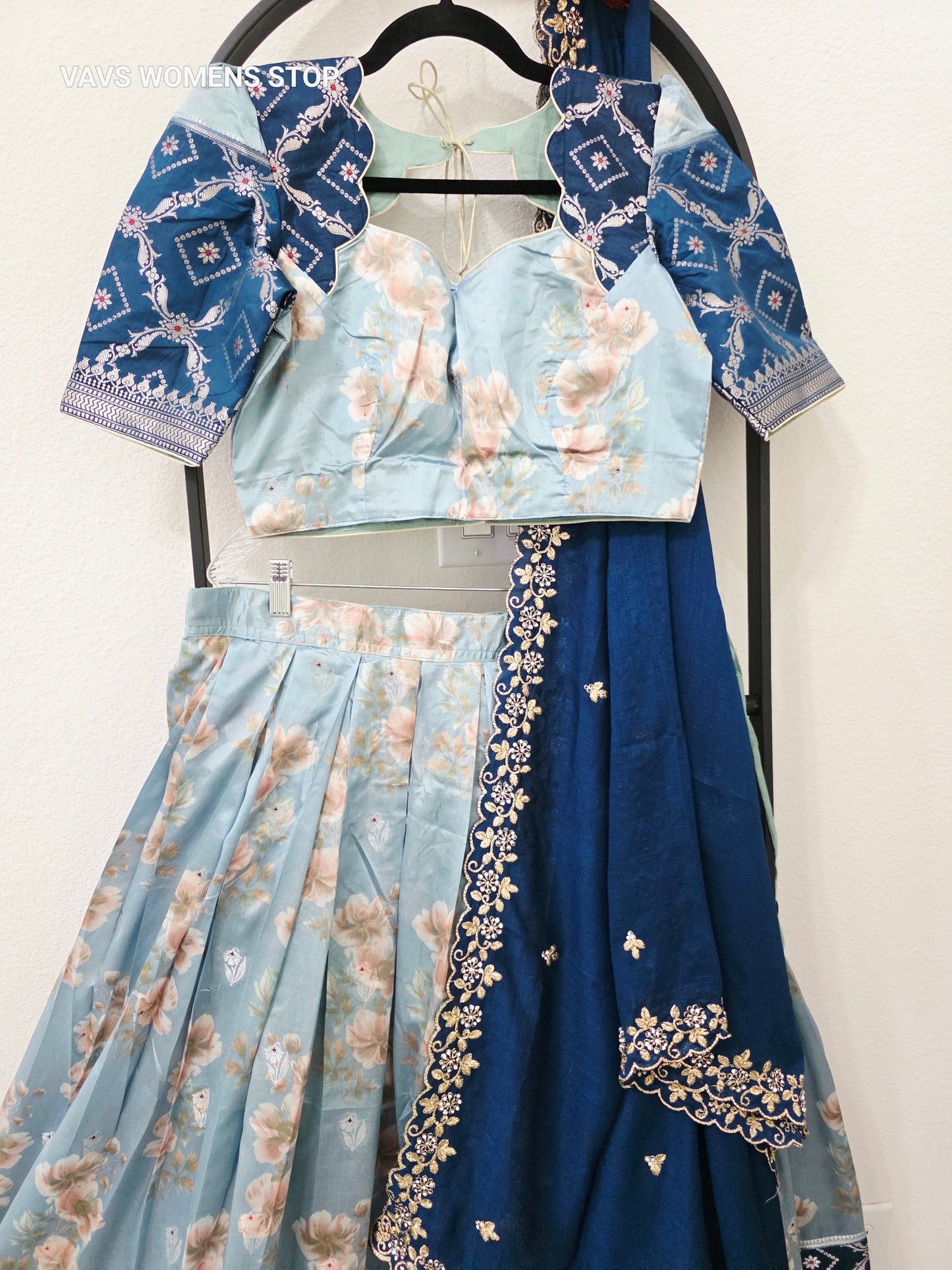 Luxury Powder Blue & Royal Sapphire Blue Floral Print Blended Benarasi Silk Lehenga Set with Silver Zari Brocade Border, Navy Blue Gold Embroidered Chinon Chiffon Silk Dupatta & Stitched Blouse | Size 36β42