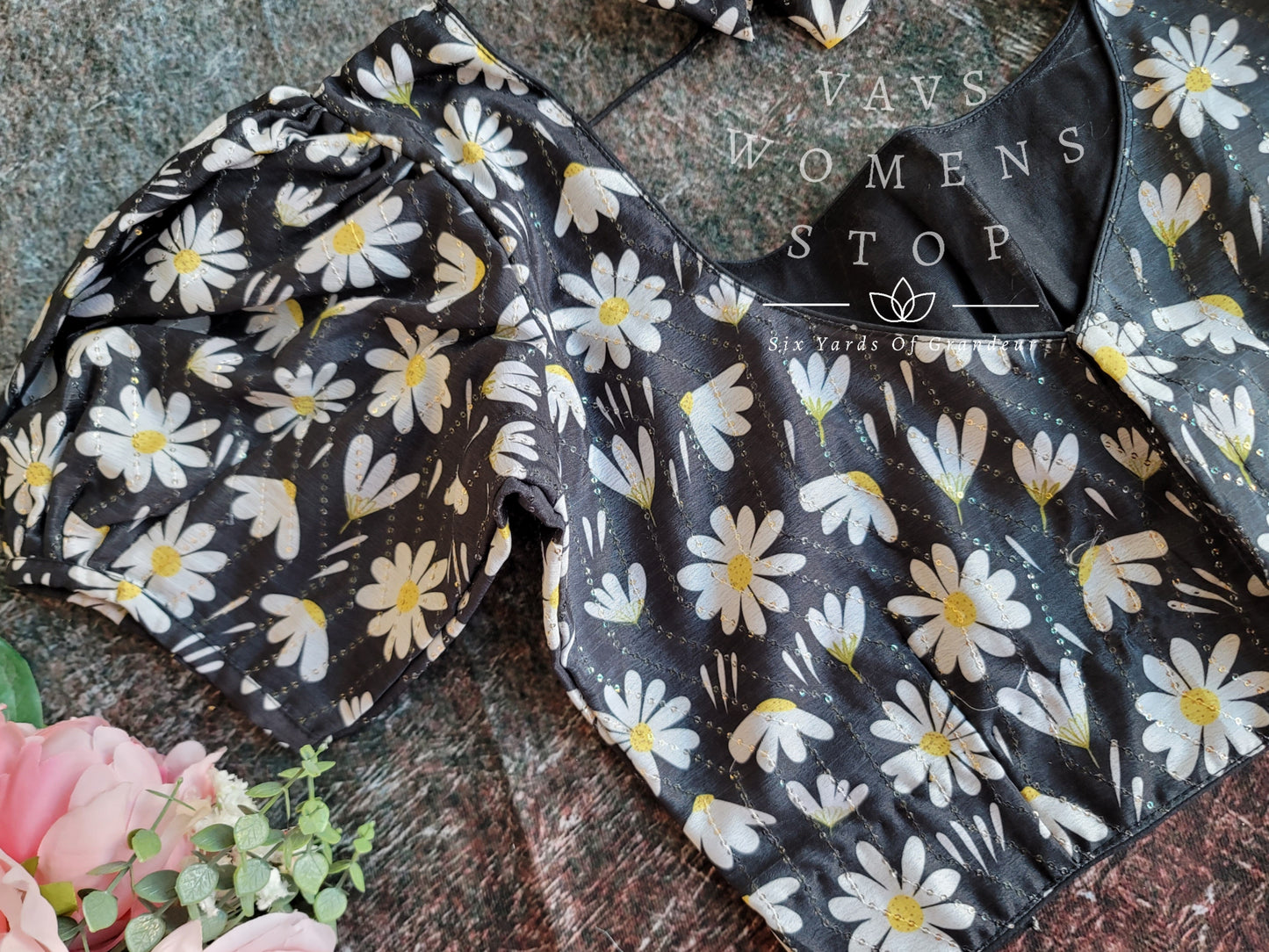 Black Floral Sequins Silk Blouse