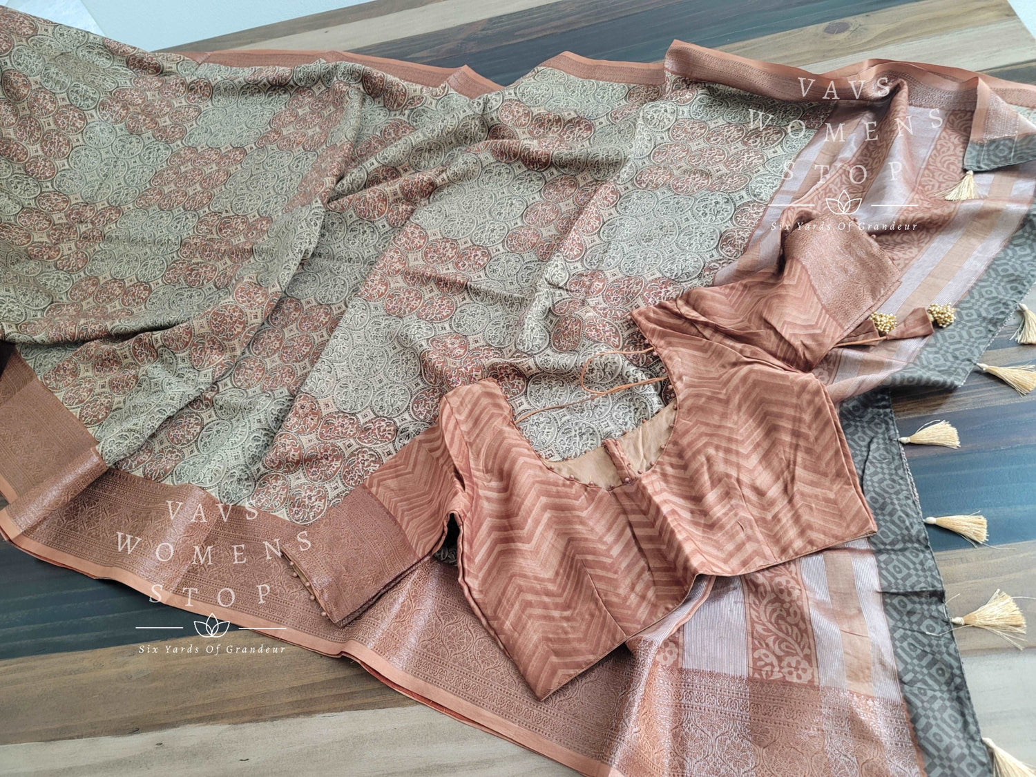 Ajrakh Printed Fancy Linen Cotton Saree - Blouse