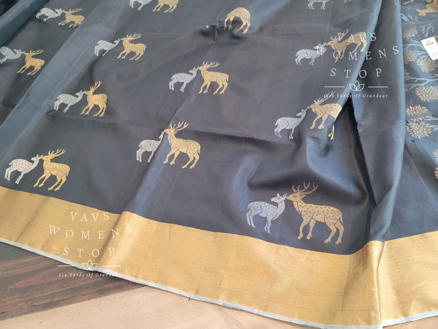 Deer Design Pure Kanchi Black Soft Silk Saree