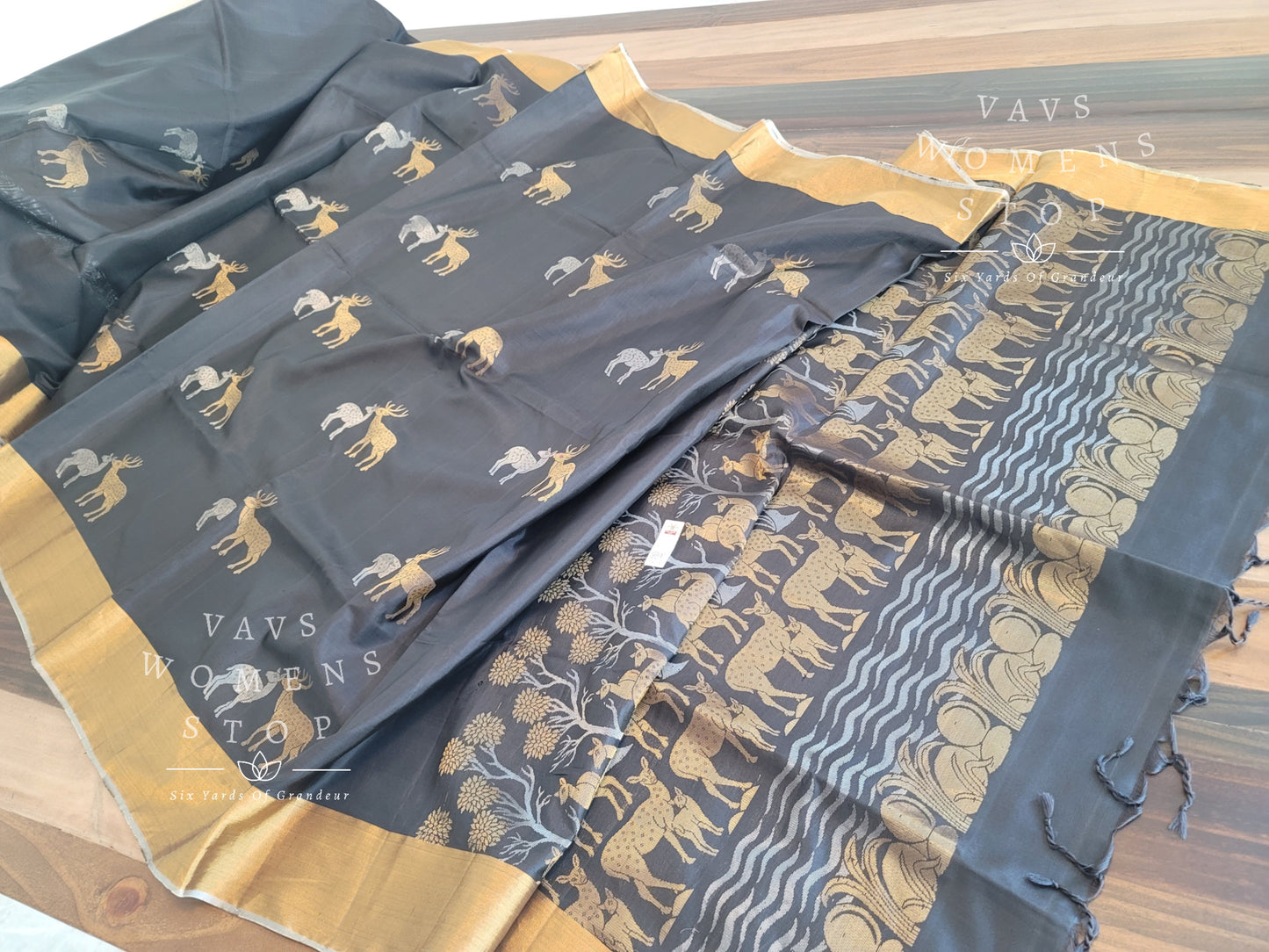 Deer Design Pure Kanchi Black Soft Silk Saree