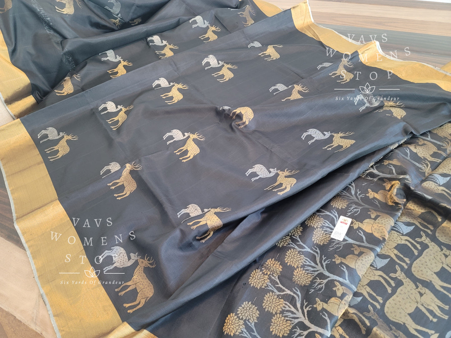 Deer Design Pure Kanchi Black Soft Silk Saree