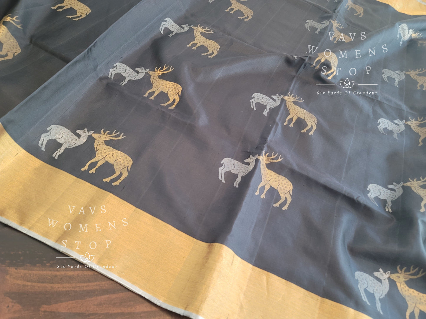 Deer Design Pure Kanchi Black Soft Silk Saree