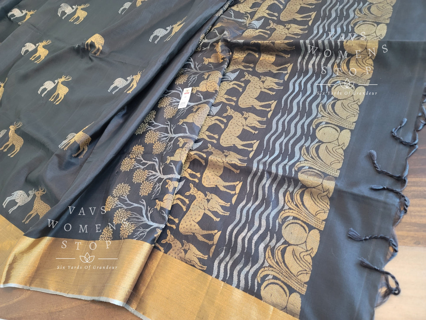 Deer Design Pure Kanchi Black Soft Silk Saree