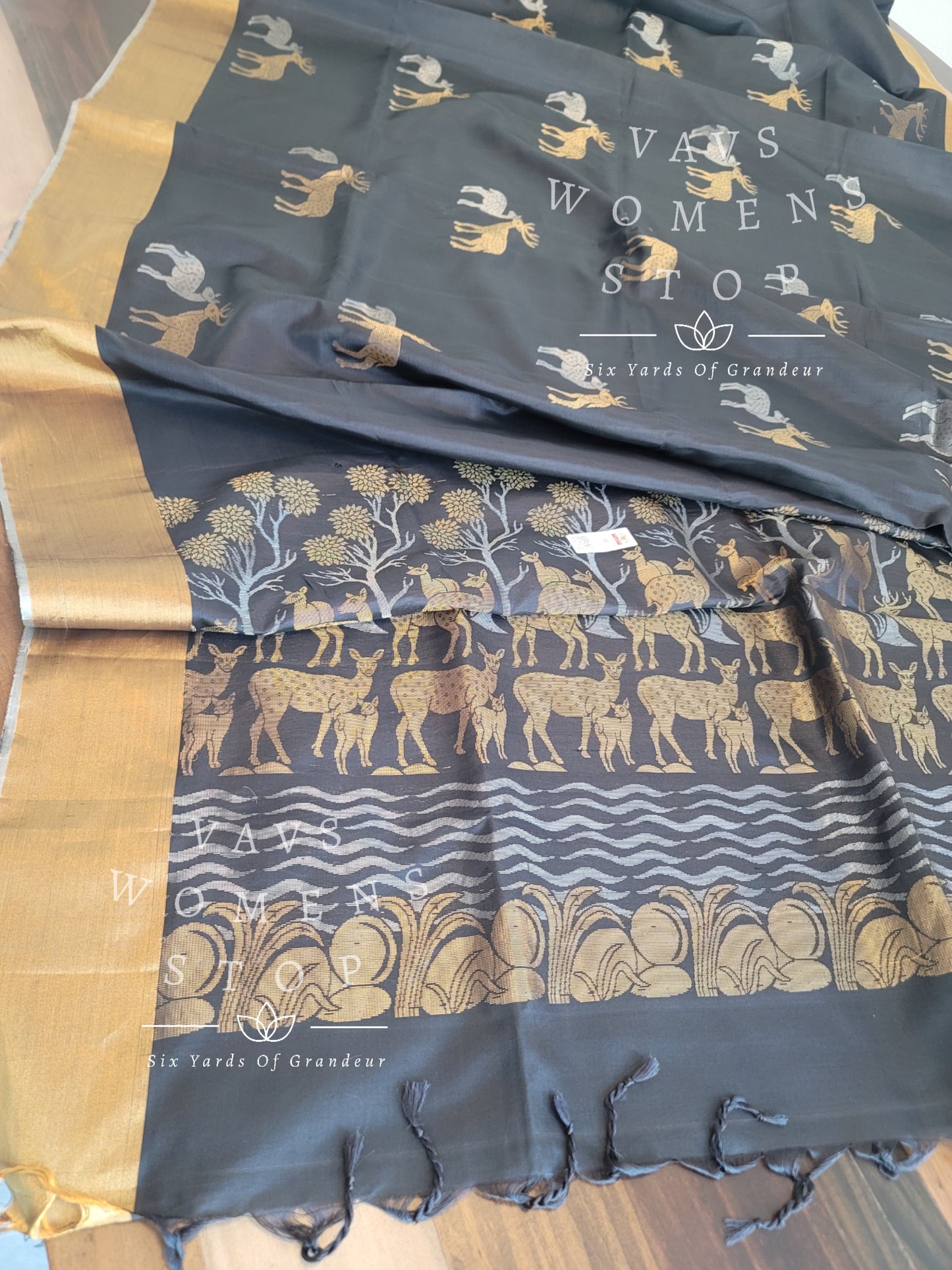 Deer Design Pure Kanchi Black Soft Silk Saree