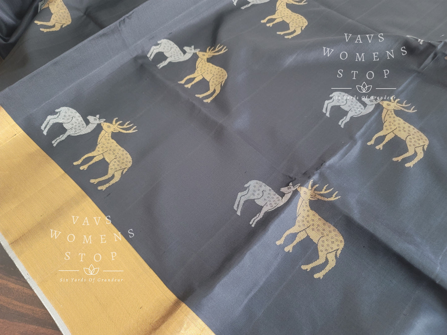 Deer Design Pure Kanchi Black Soft Silk Saree