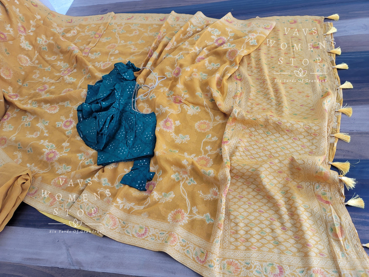 Pure Khaddi Viscose Georgette Designer Saree - Ruffle Sleeves Blouse