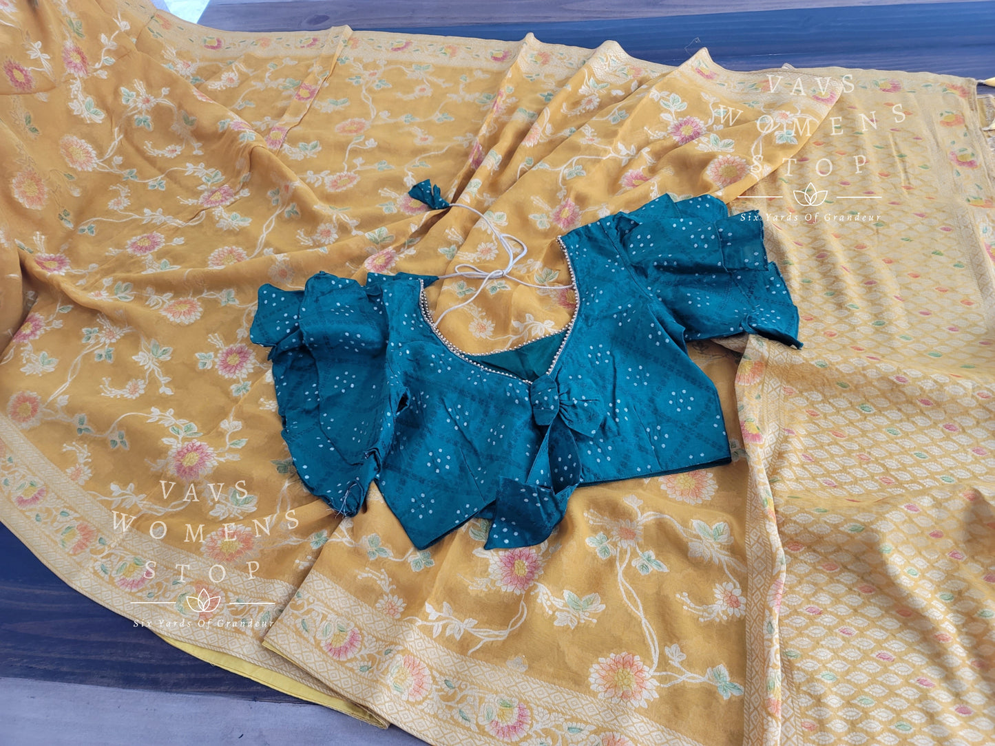 Pure Khaddi Viscose Georgette Designer Saree - Ruffle Sleeves Blouse