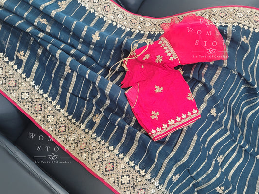 Designer Soft Khaddi Organza Gota Patti Border Saree - Blouse