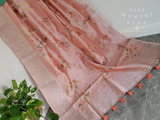 Birds Floral Digital Print Soft Kota Tussar Rawsilk Saree