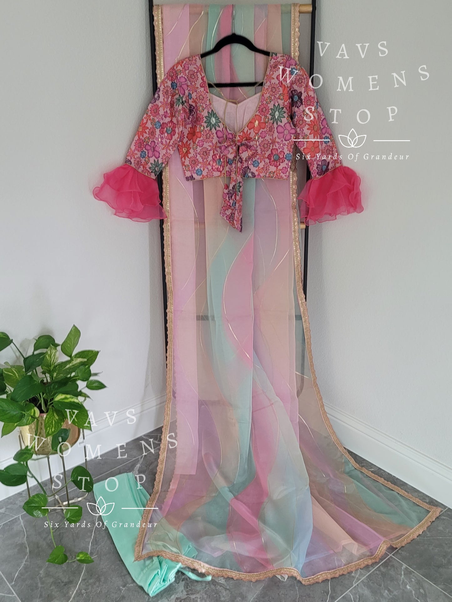 Designer Organza Saree - Floral Prints Chinon Silk Blouse