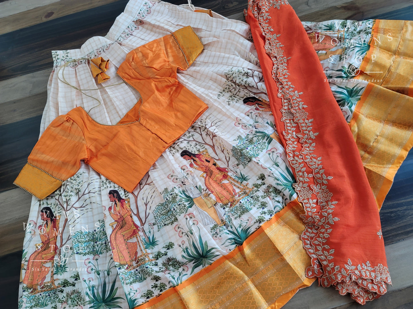 Semi Gadwal Silk Cotton Designer Kalamkari Print Half Saree/ Lehenga Set