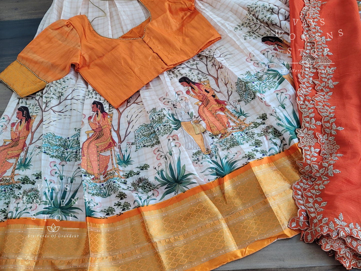 Semi Gadwal Silk Cotton Designer Kalamkari Print Half Saree/ Lehenga Set