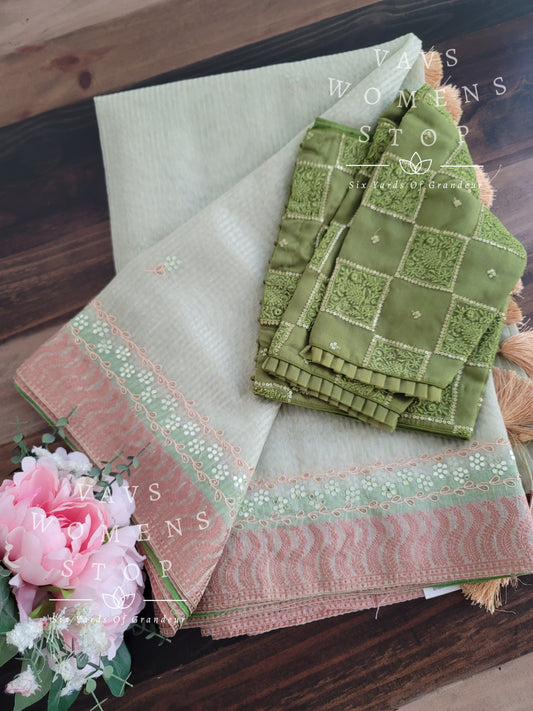 Linen Cotton Tissue Embroidery Saree - Organza Blouse