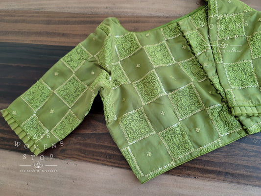 Organza Blouse suitable for all fancy sarees. Ready to wear tailored blouse suitable for blouse size - 40. Back opening blouse with elbow sleeves. Ready to ship from Prosper, Texas. Fancy Blouse. partywear blouse. Customized blouse. Checks blouse. green blouse