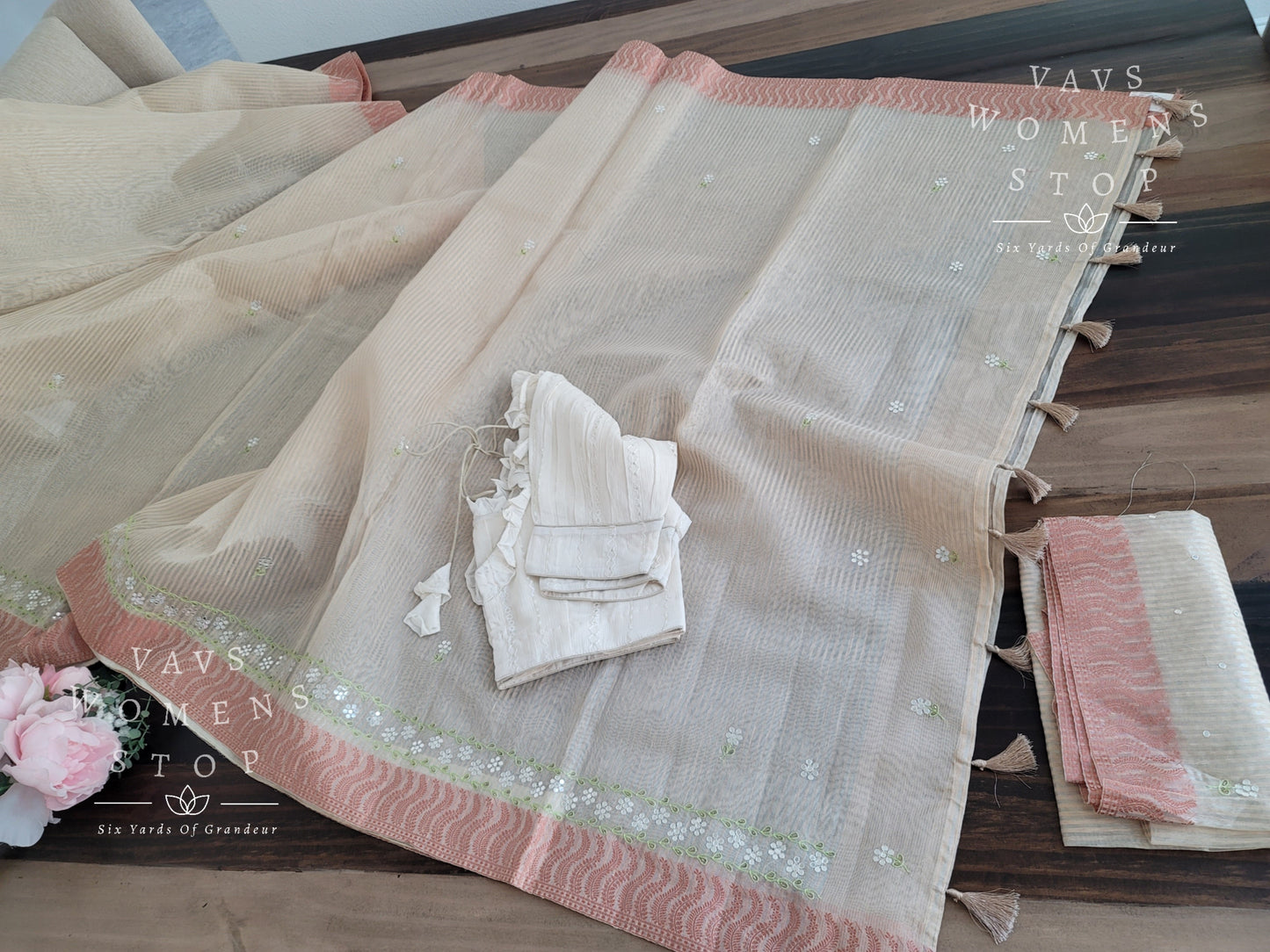 Linen Cotton Tissue Embroidery Saree - Chinon Chiffon Blouse