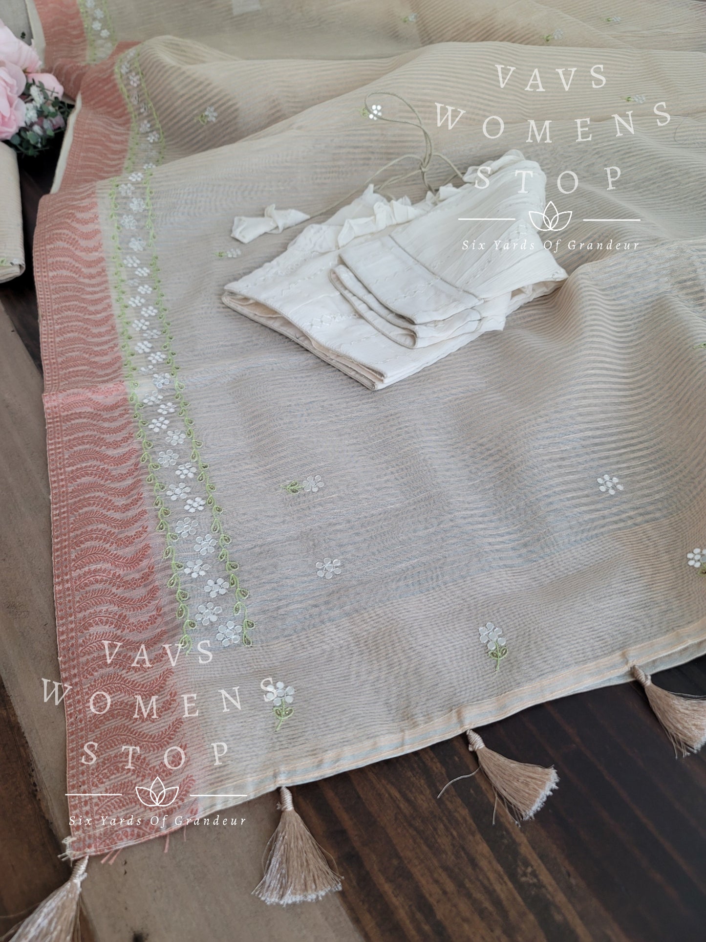 Linen Cotton Tissue Embroidery Saree - Chinon Chiffon Blouse
