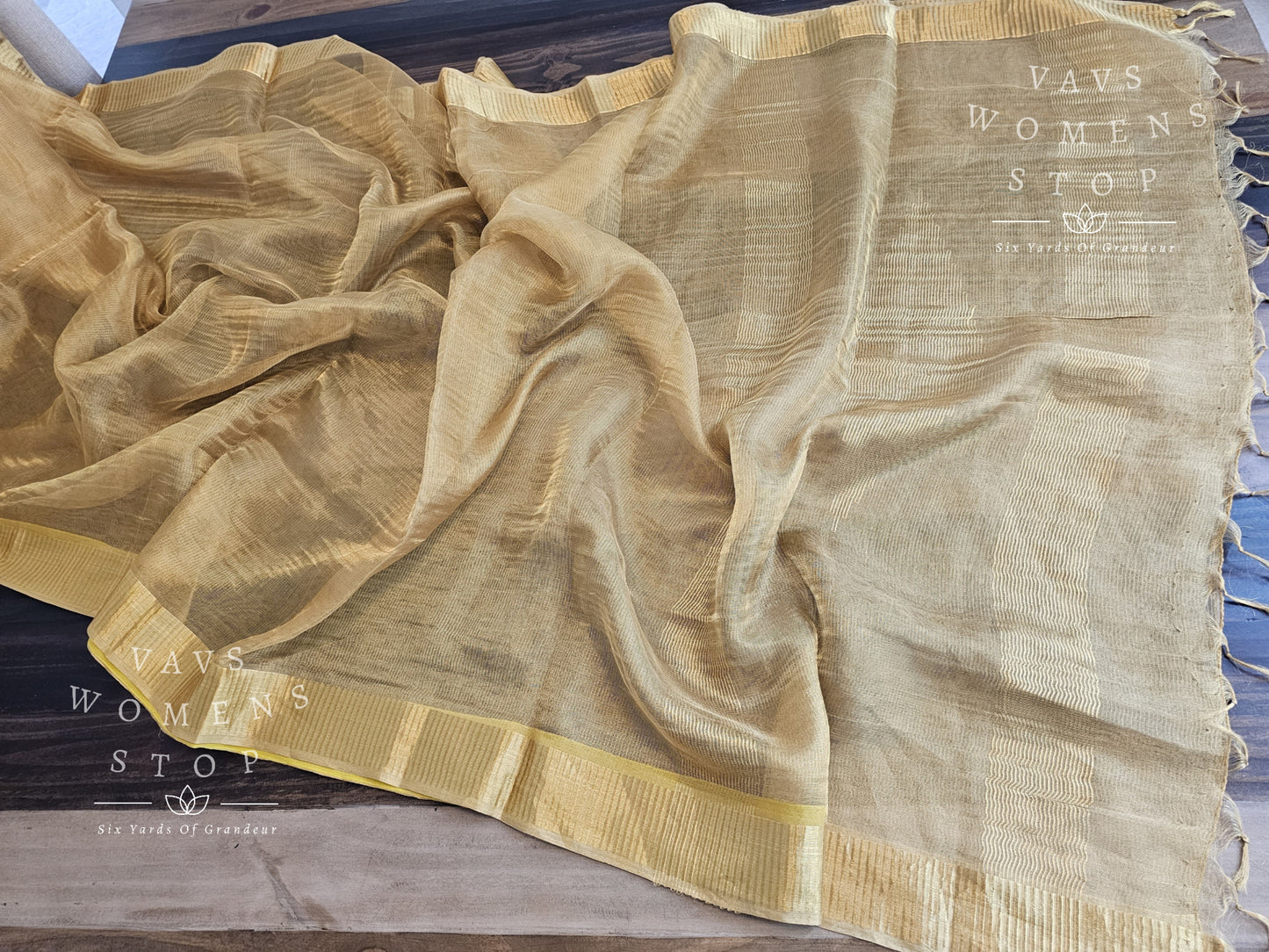 Pure Tussar Tissue Gold Saree - Sleeveless Benarasi Brocade Blouse