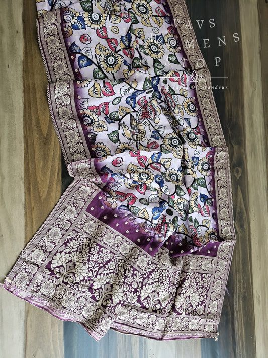 Pure Chinon Kalamkari Print Benarasi Silk Duppata