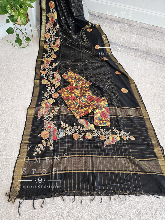 Mangalagiri Soft Cotton Applique Work Saree - Pure Chanderi Kalamkari Blouse