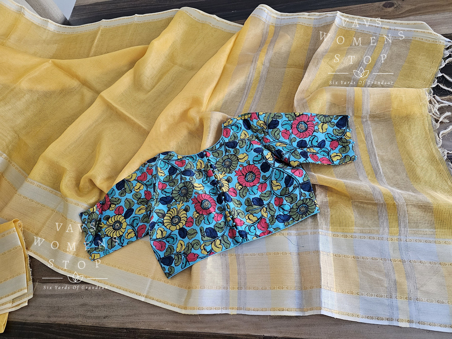 Pure Tussar Tissue Yellow Saree - Pure Chanderi Kalamkari Blouse