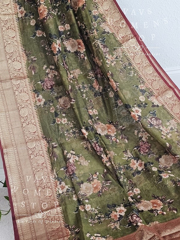 Floral Prints Benarasi Warm Georgette Katan Saree - Blouse