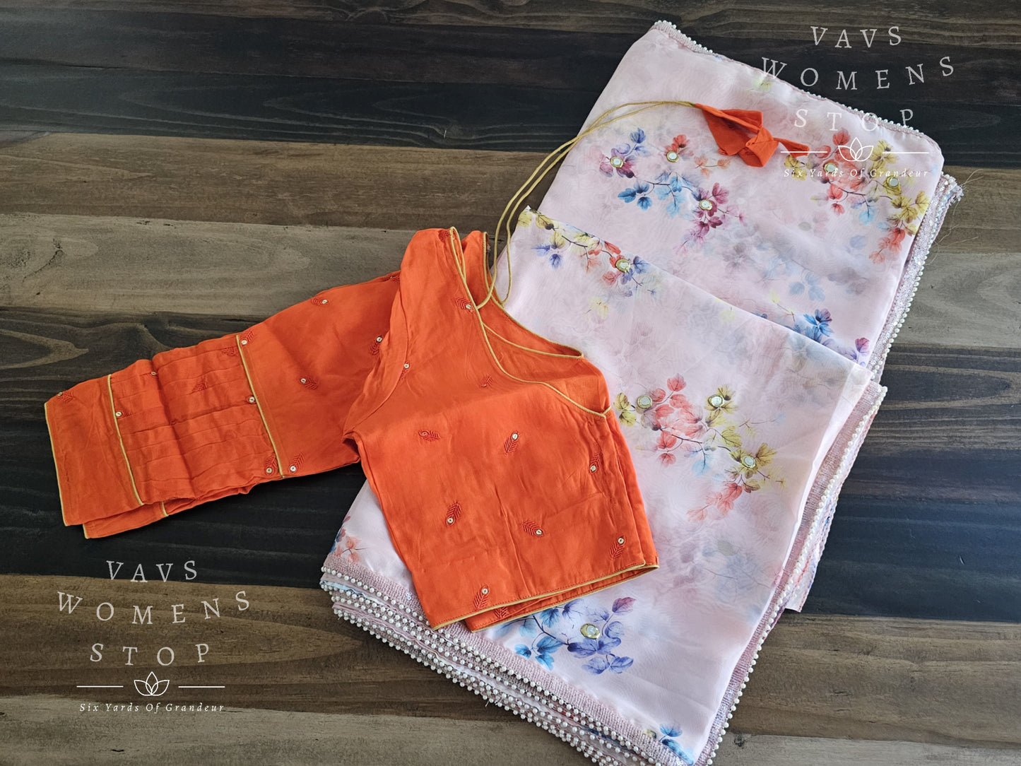 Soft Organza Floral Print Saree - 3/4 Patterned Sleeves Designer Blouse