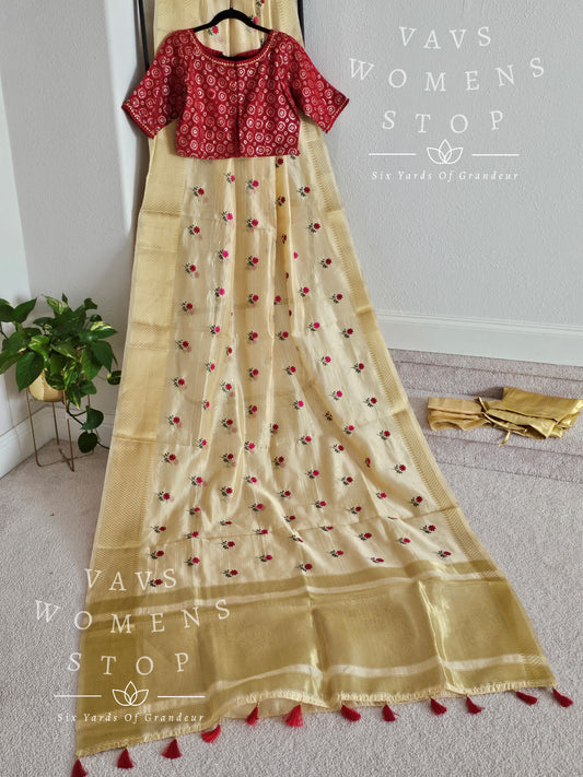 Pure Tissue Gold Saree - Red Georgette Sequins Blouse