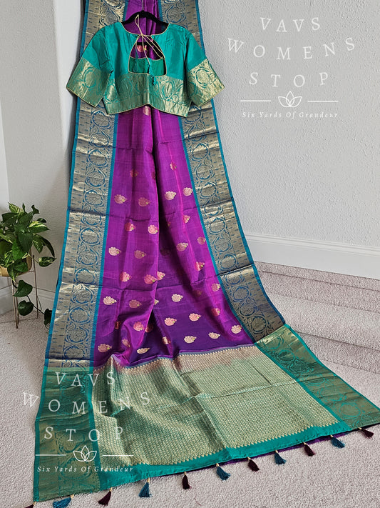 Pure Kanchi Pattu Soft Silk Saree with stitched blouse