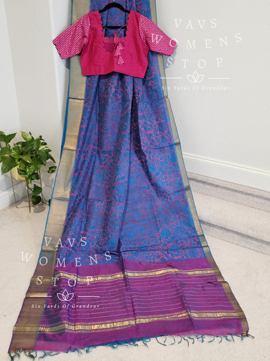 Mangalagiri Pattu Silk Cotton Handloom Floral Print Saree - Benarsi Blouse