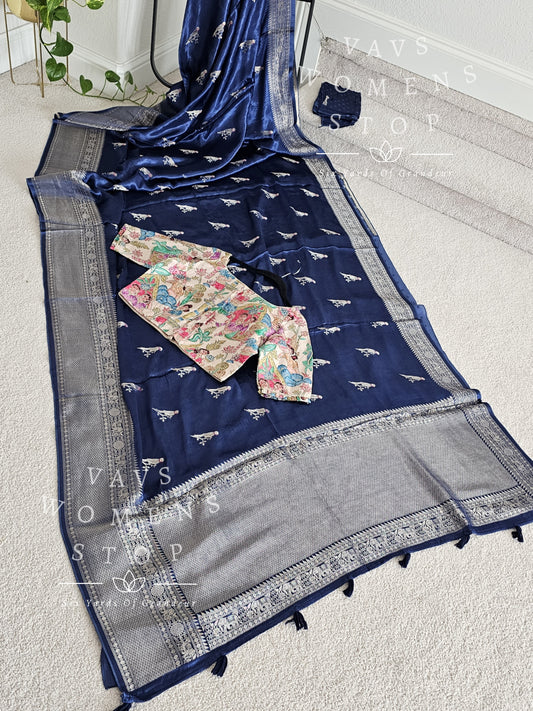 Munga Crepe Satin Benarasi Silk Saree - Designer Blouse