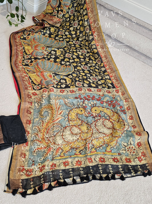 Kalamkari Digital Prints Pure Linen By Linen Saree