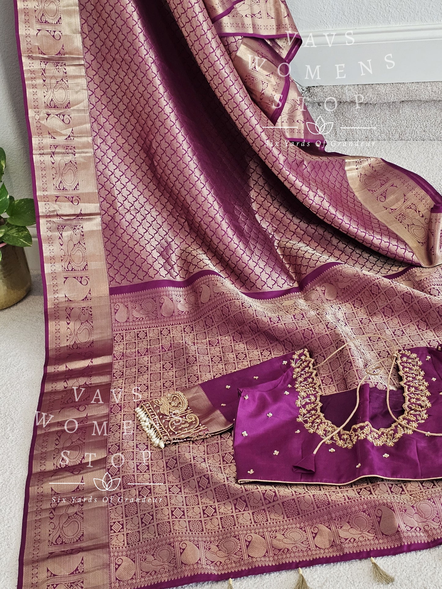 Pure Kanchi Pattu Soft Silk Saree with maggam work stitched blouse